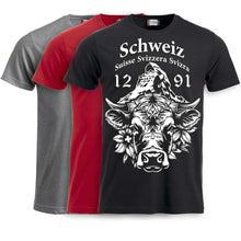 Lade das Bild in den Galerie-Viewer, T-Shirt mit Schweizer Kuh und Matterhorn und Text Schweiz Suisse Svizzera Svizra 1291 Confoederatio Helvetica