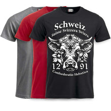 Lade das Bild in den Galerie-Viewer, T-Shirt mit Schweizer Kuh und Text Schweiz Suisse Svizzera Svizra 1291 Confoederatio Helvetica