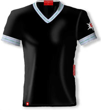 Lade das Bild in den Galerie-Viewer, T-Shirt Schwarz mit V-Ausschnitt Edelweiss Blau