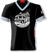 Charger l'image dans la galerie, T-Shirt Schwarz V-Ausschnitt Blau mit Alpenleben