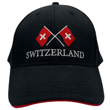 Carica l'immagine nel visualizzatore di Gallery, Cappellino nero/rosso con 2 bandiere svizzere
