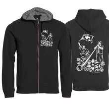 Load image into Gallery viewer, Kapuzenjacke Alphorn &amp; Fahnenschwinger, Schwarz, Rücken &amp; Brust

