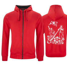 Load image into Gallery viewer, Kapuzenjacke Alphorn &amp; Fahnenschwinger, Rot, Rücken

