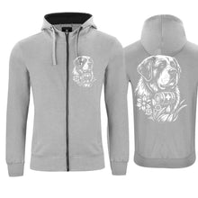 Lade das Bild in den Galerie-Viewer, Kapuzenjacke mit Bernhardiner, Grau, Brust klein &amp; Rücken gross
