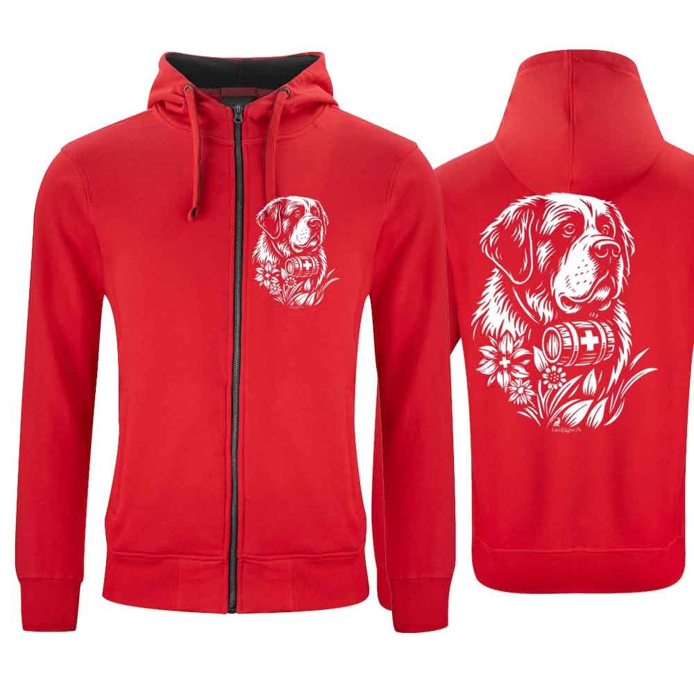Kapuzenjacke mit Bernhardiner, Rot, Brust klein & Rücken gross