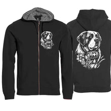 Lade das Bild in den Galerie-Viewer, Kapuzenjacke mit Bernhardiner, Schwarz, Brust klein &amp; Rücken gross
