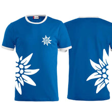 Load image into Gallery viewer, Bicolor T-shirt Edelweiss, blue, Edelweiss chest &amp; side
