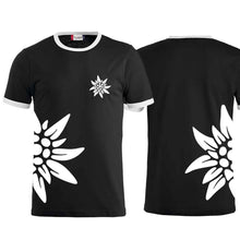 Load image into Gallery viewer, Bicolor T-shirt Edelweiss, black, Edelweiss chest &amp; side
