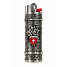 Lade das Bild in den Galerie-Viewer, Feuerzeughülle mit Edelweiss &amp; Schweizer Wappen inkl. BIC Feuerzeug, Silber
