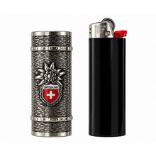 Lade das Bild in den Galerie-Viewer, Feuerzeughülle mit Edelweiss &amp; Schweizer Wappen inkl. BIC Feuerzeug, Silber
