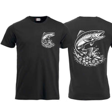 Lade das Bild in den Galerie-Viewer, T-Shirt Fisch (Forelle), Schwarz, Brust gross &amp; Rücken
