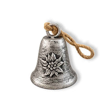 Lade das Bild in den Galerie-Viewer, Silberfarbige Glocke mit Edelweiss &amp; Kordel, 5cm oder 7cm
