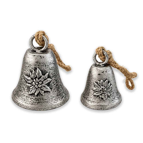 Silberfarbige Glocke mit Edelweiss & Kordel, 5cm oder 7cm