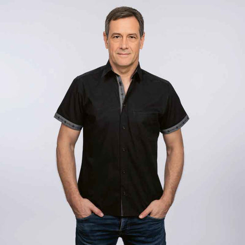 Hemd Kurzarm Schwarz mit Edelweisseinsatz mit Kragen