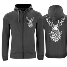 Lade das Bild in den Galerie-Viewer, Kapuzenjacke mit Hirsch, Dunkelgrau, Brust klein &amp; Rücken gross
