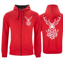 Lade das Bild in den Galerie-Viewer, Kapuzenjacke mit Hirsch, Rot, Brust klein &amp; Rücken gross
