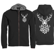 Lade das Bild in den Galerie-Viewer, Kapuzenjacke mit Hirsch, Schwarz, Brust klein &amp; Rücken gross
