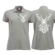Lade das Bild in den Galerie-Viewer, Polo Damen mit Hirsch, Grau, Brust klein &amp; Rücken gross
