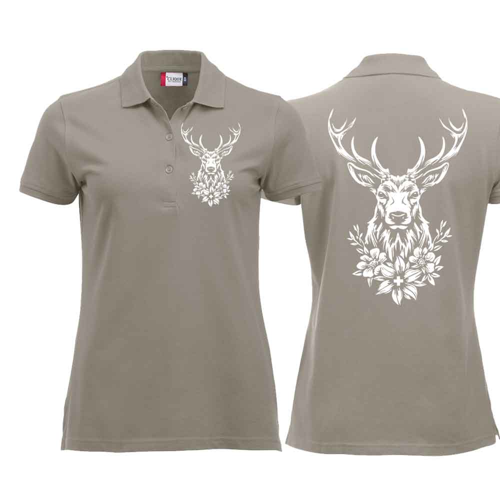 Polo Damen mit Hirsch, Silber, Brust klein & Rücken gross