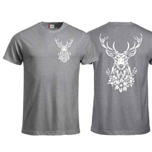 Lade das Bild in den Galerie-Viewer, T-Shirt mit Hirschmotiv, Grau, Brust klein &amp; Rücken gross
