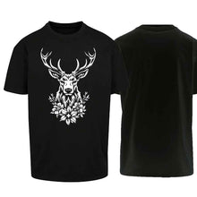Lade das Bild in den Galerie-Viewer, Oversize T-Shirt mit Hirsch, Schwarz, Brust gross
