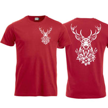 Lade das Bild in den Galerie-Viewer, T-Shirt mit Hirschmotiv, Rot, Brust klein &amp; Rücken gross

