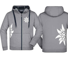 Load image into Gallery viewer, Edelweiss hooded jacket, gray/navy, white Edelweiss
