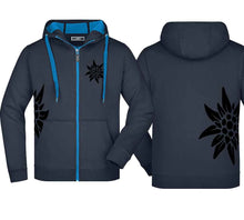Load image into Gallery viewer, Edelweiss hooded jacket, navy/aqua, black Edelweiss
