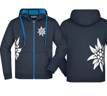 Load image into Gallery viewer, 
Edelweiss hooded jacket, navy/aqua, white Edelweiss

