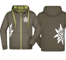 Load image into Gallery viewer, Edelweiss hooded jacket, olive/lime, white Edelweiss

