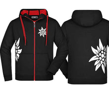 Load image into Gallery viewer, Edelweiss hooded jacket, black/red, white Edelweiss
