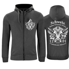 Charger l&#39;image dans la galerie, Kapuzenjacke Anthrazit mit Schweizer Kuh und Text Schweiz Suisse Svizzera Svizra 1291 Confoederatio Helvetica
