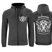 Charger l&#39;image dans la galerie, Kapuzenjacke Anthrazit mit Schweizer Kuh und Text Schweiz Suisse Svizzera Svizra 1291 Confoederatio Helvetica
