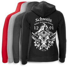 Charger l&#39;image dans la galerie, Kapuzenjacke Damen mit Schweizer Kuh und Matterhorn
