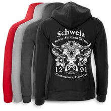 Charger l&#39;image dans la galerie, Kapuzenjacke Damen mit Schweizer Kuh und Text Schweiz Suisse Svizzera Svizra 1291 Confoederatio Helvetica
