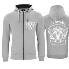 Charger l&#39;image dans la galerie, Kapuzenjacke Grau mit Schweizer Kuh und Text Schweiz Suisse Svizzera Svizra 1291 Confoederatio Helvetica
