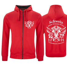 Charger l&#39;image dans la galerie, Kapuzenjacke Rot mit Schweizer Kuh und Text Schweiz Suisse Svizzera Svizra 1291 Confoederatio Helvetica
