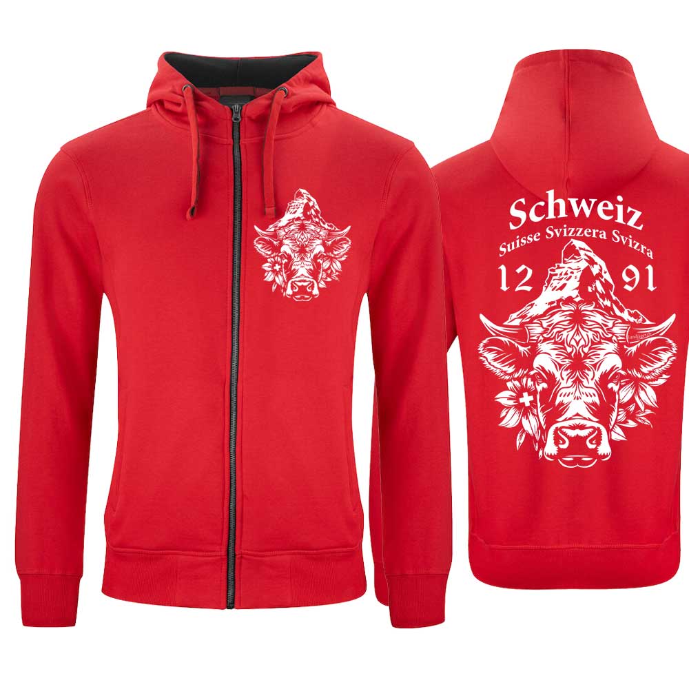 Kapuzenjacke Rot mit Schweizer Kuh und Matterhorn