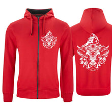 Charger l&#39;image dans la galerie, Kapuzenjacke Rot mit Schweizer Kuh und Matterhorn

