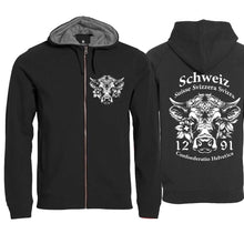 Charger l&#39;image dans la galerie, Kapuzenjacke Schwarz mit Schweizer Kuh und Text Schweiz Suisse Svizzera Svizra 1291 Confoederatio Helvetica
