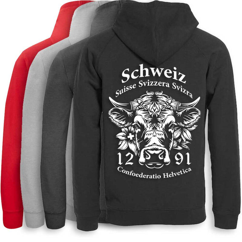 Kapuzenjacke mit Schweizer Kuh und Text Schweiz Suisse Svizzera Svizra 1291 Confoederatio Helvetica