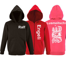 Charger l&#39;image dans la galerie, Kids Kapuzenjacke mit Scherenschnitt und Personalisierung
