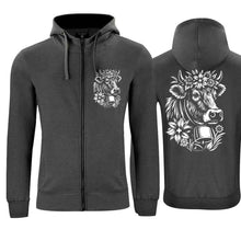 Lade das Bild in den Galerie-Viewer, Kapuzenjacke mit Kuh, Anthrazit, Brust klein &amp; Rücken gross

