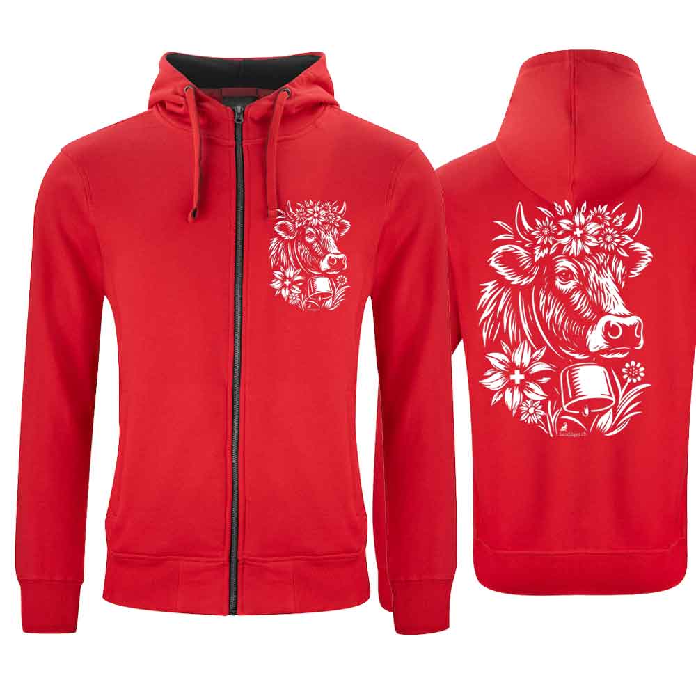 Kapuzenjacke mit Kuh, Rot, Brust klein & Rücken gross