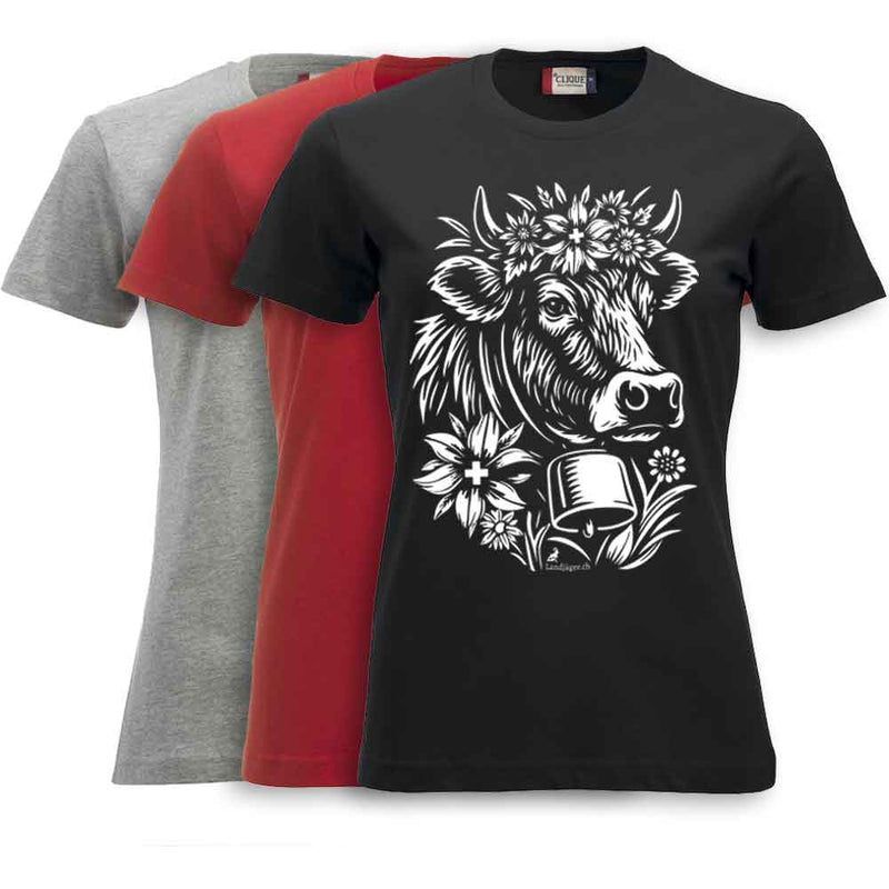 T-Shirt Damen Alpen Kuh mit Blumen