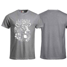Lade das Bild in den Galerie-Viewer, T-Shirt Alpen Kuh mit Blumen, Grau, Brust  gross
