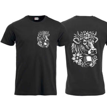 Lade das Bild in den Galerie-Viewer, T-Shirt Alpen Kuh mit Blumen, schwarz, Brust klein &amp; Rücken gross
