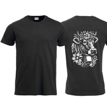 Lade das Bild in den Galerie-Viewer, T-Shirt Alpen Kuh mit Blumen, schwarz, Rücken gross
