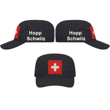 Lade das Bild in den Galerie-Viewer, Militär Cap Schwarz mit Schweizerkreuz, Text Hopp Schwiiz

