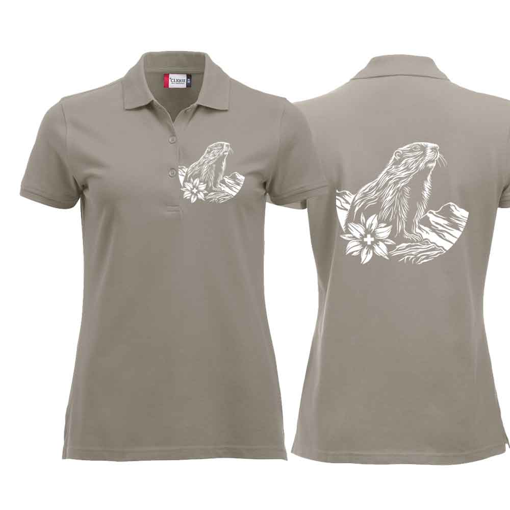 Polo Damen mit Murmeltier, Silber, Brust klein & Rücken gross